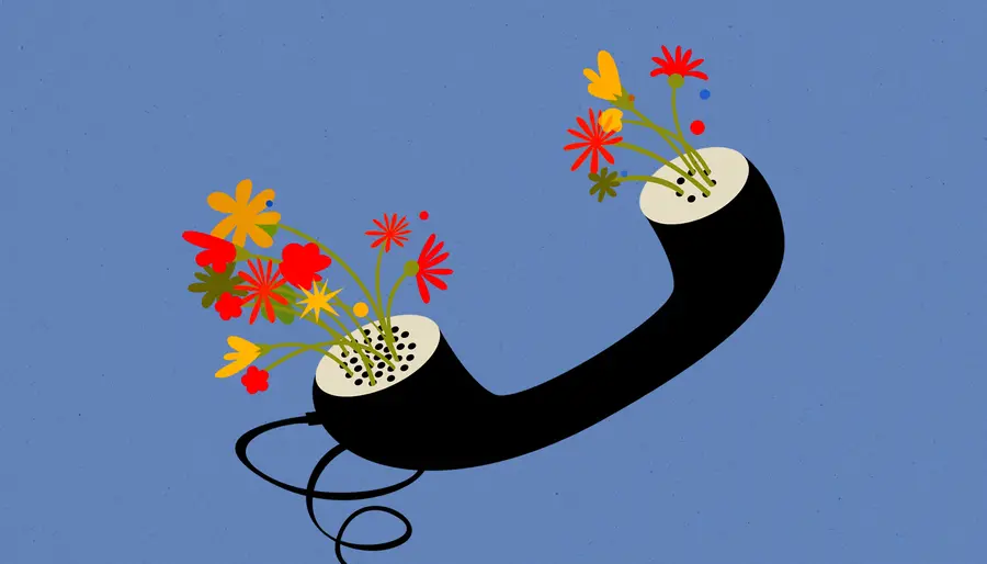 Illustration d'un combiné de téléphone duquel sortent des fleurs