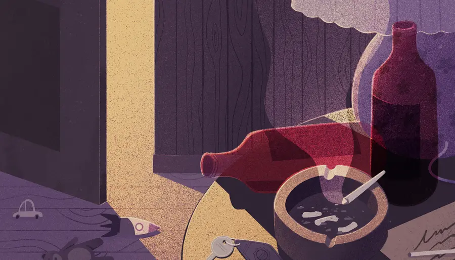 Illustration d'un table de chevet avec un cendrier et des bouteilles avec une porte entrouverte en arrière-plan